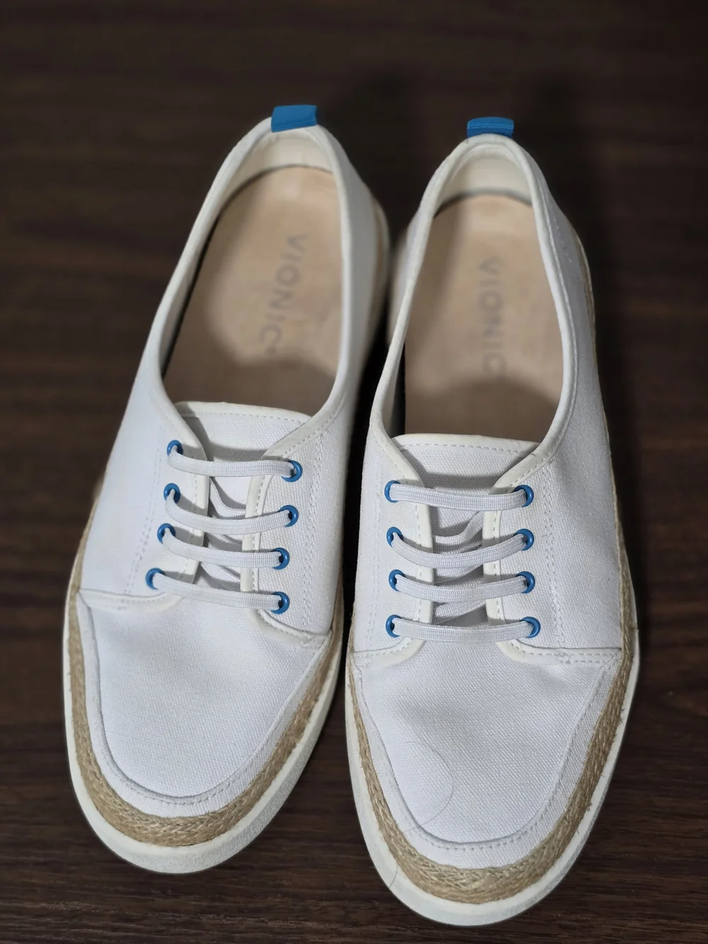 Vionic White Canvas Espadrille Sneakers with Blue Accents